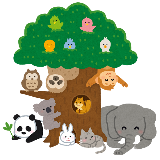 木にあつまるどうぶつのイラスト