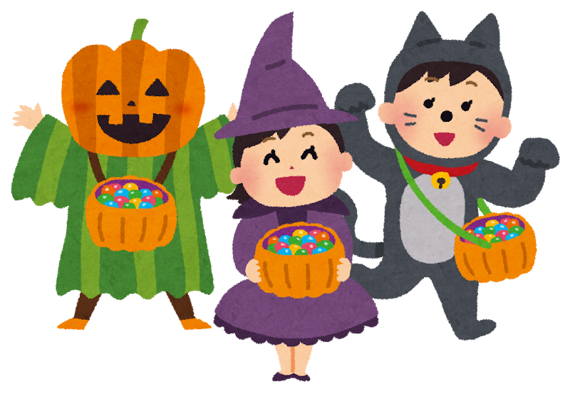 トリックオアトリート！とキャンディをもらっているイラスト